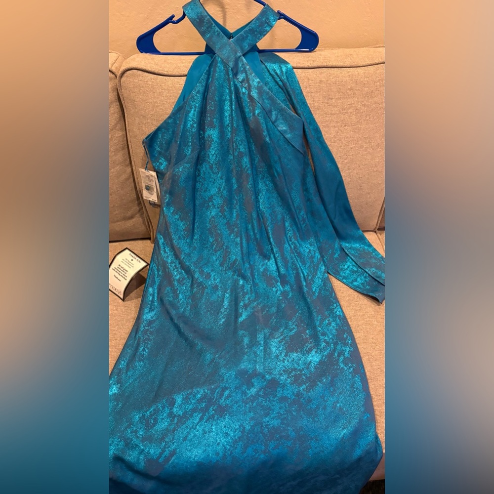 Beautiful blue iridescent sleeveless halter long maxi dress, brand new, size 14